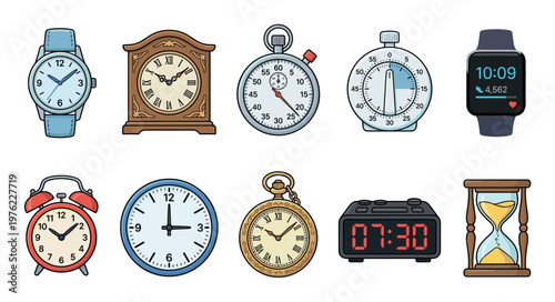 Clocks and watches collection of various time measuring devices, including wristwatches, stopwatches, alarm clocks, and hourglasses, presented as a colorful cartoon illustration.