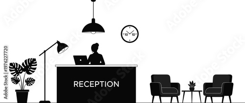 Technical architectural floor plan of a circular amphitheater combined with a black silhouette of a modern office reception area with furniture vector illustration