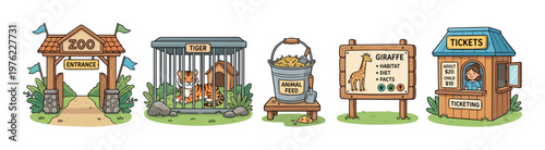 Zoo elements collection featuring entrance gate, tiger enclosure, animal feed, giraffe information sign, and ticket booth illustration.