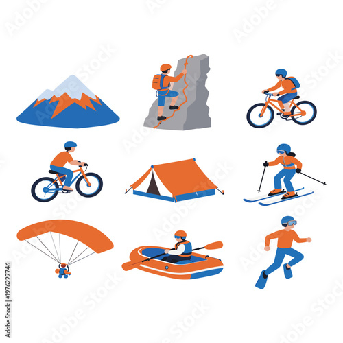 Extreme Sports and Outdoor Adventure Activities Icons Set, Mountain Climbing, Cycling, Camping, Skiing, Paragliding, Rafting and Diving Illustrations