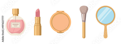 Delightful collection of beauty and makeup essentials, including perfume, lipstick, powder, a brush, and a mirror, rendered in a clean flat vector style.
