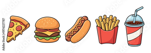 Various popular fast food items including pizza, burger, hot dog, french fries, and a refreshing soda drink, presented in a vibrant cartoon illustration style.