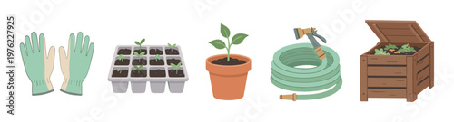 Gardening tools and supplies, including gloves, seedlings in a tray, a potted plant, a coiled hose, and a compost bin, are essential for sustainable home gardening.