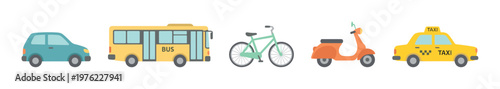 Various modes of urban transportation vehicles including a car, bus, bicycle, scooter, and taxi, representing different ways to travel in a city environment.