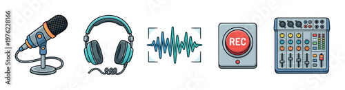 Audio recording equipment icons set for music production, podcasting, and sound engineering, featuring a microphone, headphones, sound wave, record button, and mixer.