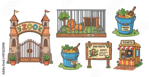 Various zoo elements cartoon illustration set including an entrance gate, a lion in its enclosure, animal feed buckets, and a ticket booth.