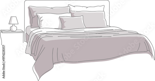 Comfortable Bed with Pillows and Lamp