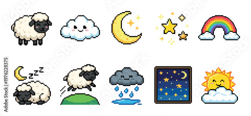 Cute pixel art icons featuring sheep, clouds, sun, moon, stars, and a rainbow, representing various weather conditions and dreamlike scenes.