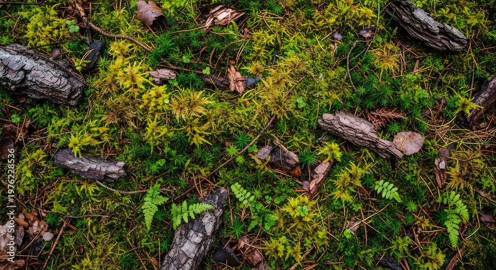 Obraz premium Forest moss background with tree bark and green foliage for natural texture design