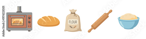 Baking ingredients and tools including an oven, fresh bread, a sack of flour, a rolling pin, and a bowl of dough for homemade recipes.