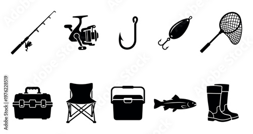 Fishing equipment, gear, and accessories are displayed as black silhouettes, representing essential tools for a successful angling experience.