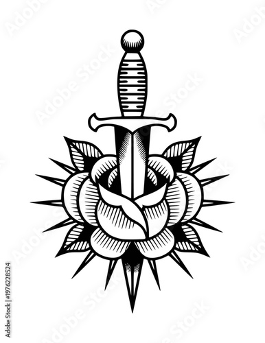 Traditional Tattoo Style Dagger Piercing a Rose with Sharp Petals and Leaves vintage