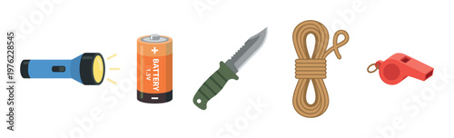 Survival gear and equipment collection for outdoor adventures, including a flashlight, battery, knife, rope, and whistle, essential for camping and emergencies.