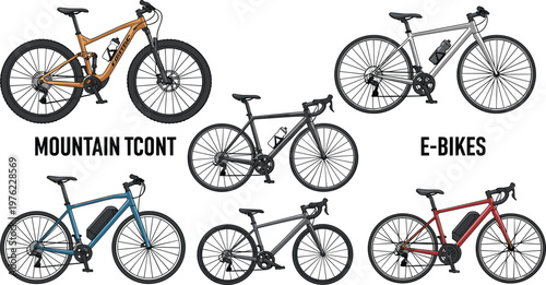 Mountain and E-Bikes Set Featuring Electric and Mountain Bicycles for Outdoor Adventures and Eco-Friendly Transportation