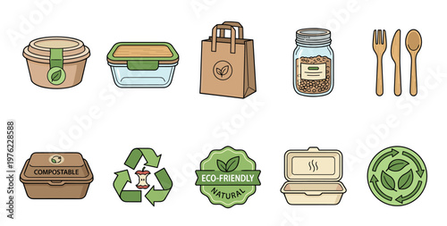 Eco-friendly sustainable products and symbols collection representing environmental responsibility, conscious living, and a commitment to a greener planet for a better future.