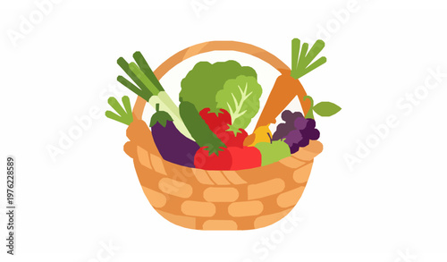Assorted fresh vegetables and fruits basket healthy organic food vector isolated on white background