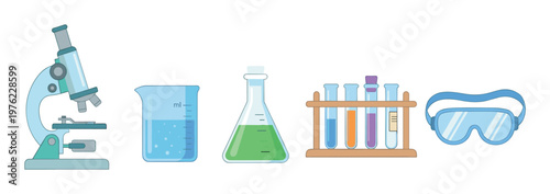 Laboratory scientific equipment collection for research and education, featuring a microscope, beaker, flask, test tubes, and safety goggles, essential for experiments.