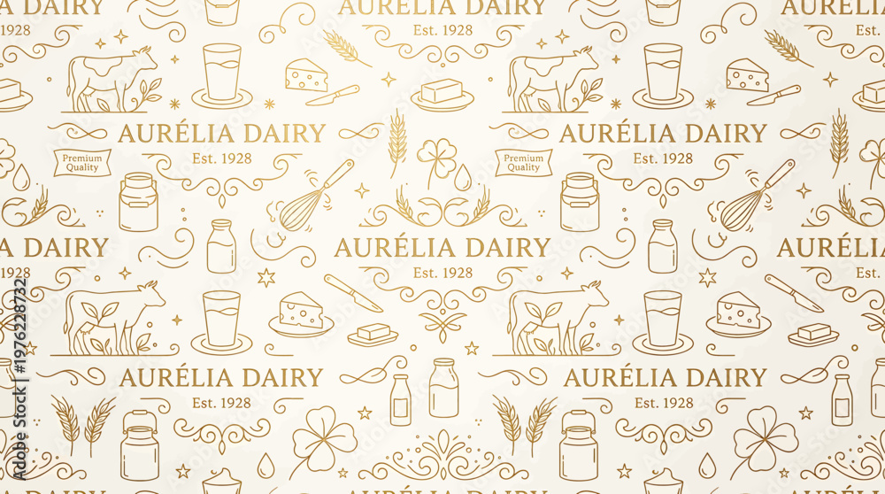 Obraz premium Dairy Farm Branding with Elegant Golden Pattern Featuring Milk, Cheese, and Farm Elements