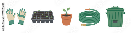 Essential gardening tools and supplies for planting and nurturing plants, including gloves, seedlings, a hose, and a compost bin, ready for spring.
