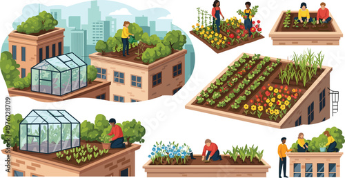 Rooftop Gardening Set Featuring Urban Agriculture, Greenhouses, Flower Beds, and People Growing Vegetables and Flowers in Cityscape Environments