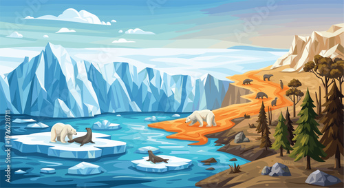 Polar Wildlife Scene Featuring Polar Bears, Seals, and Arctic Landscape with Glaciers, Icebergs, and Forests for Environmental and Climate Change Awareness Designs