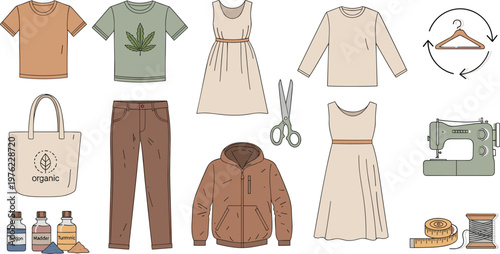 Sustainable Fashion Illustration Set Featuring Organic Clothing, Sewing Tools, and Eco-Friendly Apparel for Ethical Fashion and DIY Clothing Projects