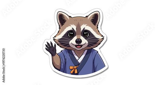 Cute Raccoon Waving Hello, Cartoon Style, Isolated Sticker