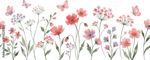 Watercolor Wildflower, Meadow Border, Colorful Butterflies, Hand Drawn Spring Garden, Floral Banner for Wedding Design, Botanical Flower Background, Summer Floral Frame