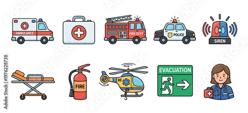 Emergency services icons set featuring essential rescue equipment and personnel, representing critical support and safety operations in a clean, modern cartoon style.