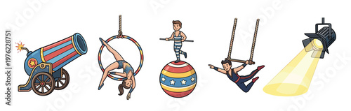 Circus performers, cannon, and spotlight create a vibrant and exciting show under the big top, showcasing various acts of skill and entertainment.