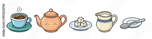 Coffee and tea service items are neatly arranged in a charming cartoon illustration, perfect for a cozy morning or afternoon break.