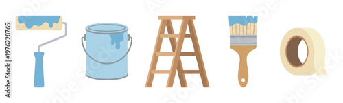 Painting tools and equipment for home renovation projects, including a roller, can, brush, ladder, and tape, displayed as a colorful vector illustration.