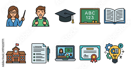 Education icons set featuring school, teacher, student, and various learning elements for academic, knowledge, and development concepts.