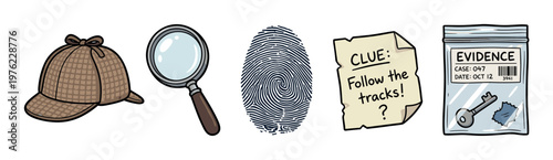 Detective investigation tools and clues are neatly arranged in a row, representing the essential elements for solving a mystery or crime.