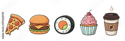 Delicious pizza, hamburger, sushi, cupcake, and coffee are presented as a vibrant collection of popular food and drink items in a fun cartoon style.