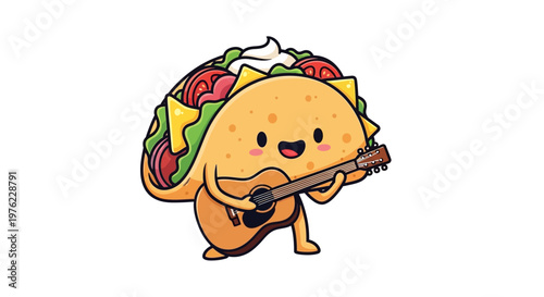 Happy Taco Character Playing Guitar, Cute Kawaii Food Illustration