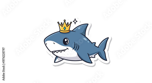 Cute cartoon shark wearing a golden crown, funny ocean animal sticker