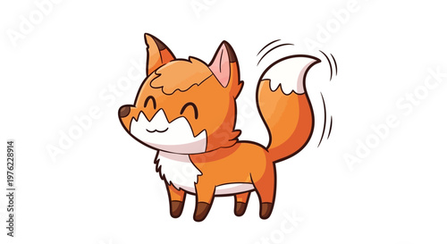 Cute cartoon fox character waving tail, happy expression, isolated on white background