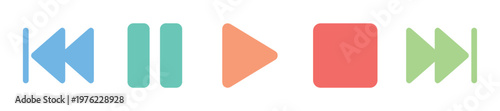 Colorful media player control icons arranged horizontally represent various playback functions for digital audio and video applications.