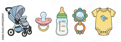 Baby items collection illustration featuring various essential newborn accessories including a stroller, pacifier, bottle, rattle, and bodysuit.
