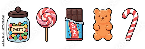 Sweets candies confectionery treats collection featuring a jar, lollipop, chocolate bar, gummy bear, and candy cane in a vibrant cartoon style.