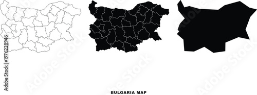 Bulgaria map vector set. High detailed outline, solid black silhouette and administrative provinces borders illustration. EPS 10.