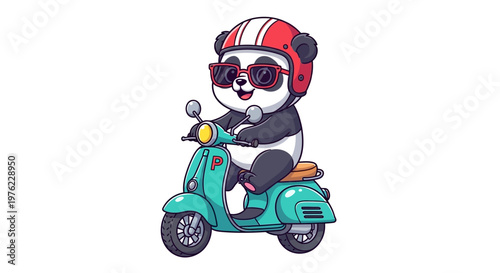 Cute Panda Riding Scooter with Helmet and Sunglasses, Cartoon Style