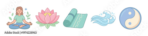 Collection of wellness and meditation icons featuring a person meditating, lotus flower, yoga mat, waves, and Yin Yang symbol for holistic well-being.