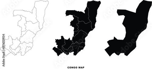 epublic of the Congo map vector set. High detailed outline, solid black silhouette and administrative borders illustration. EPS 10.