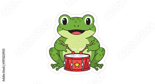 Cute cartoon frog playing drums with drumsticks, isolated on white background