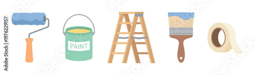 Painting tools and equipment for home renovation projects, including a roller, paint can, ladder, brush, and tape, in a flat vector illustration style.