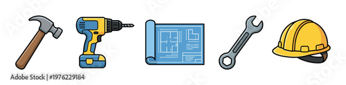 Construction tools and equipment, including a hammer, cordless drill, blueprint, wrench, and hard hat, are essential items for building and renovation projects.