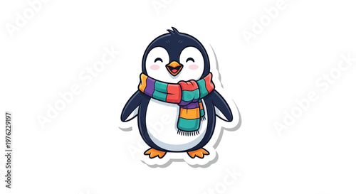 Cute cartoon penguin wearing a colorful striped scarf, isolated on white background