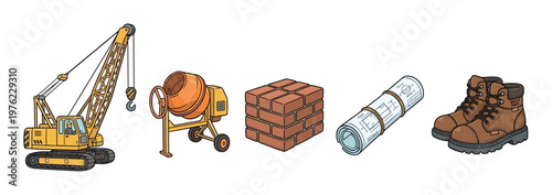 Construction equipment, materials, blueprints, and boots are vital components for any building project, symbolizing the industry's essential elements.